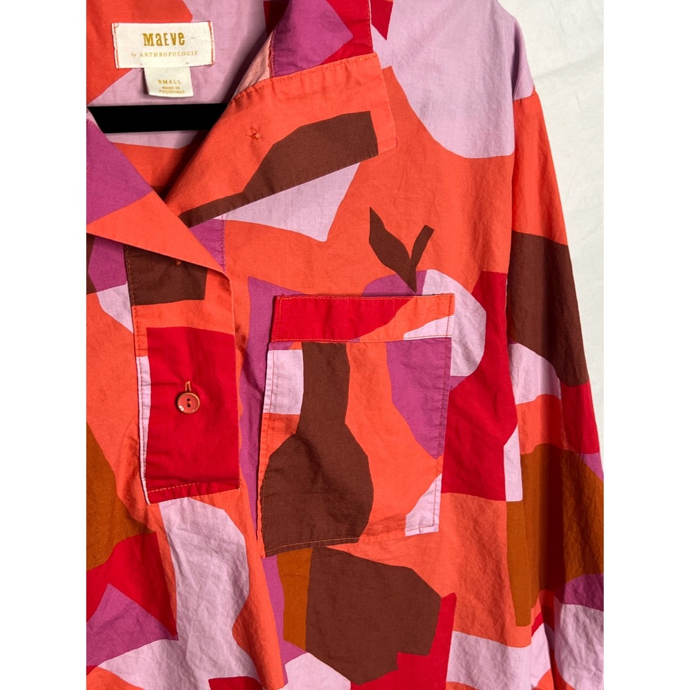 Anthropologie Maeve Breezy Popover Blouse S Cotton Long Slv Geometric Red Pink - Picture 6 of 13